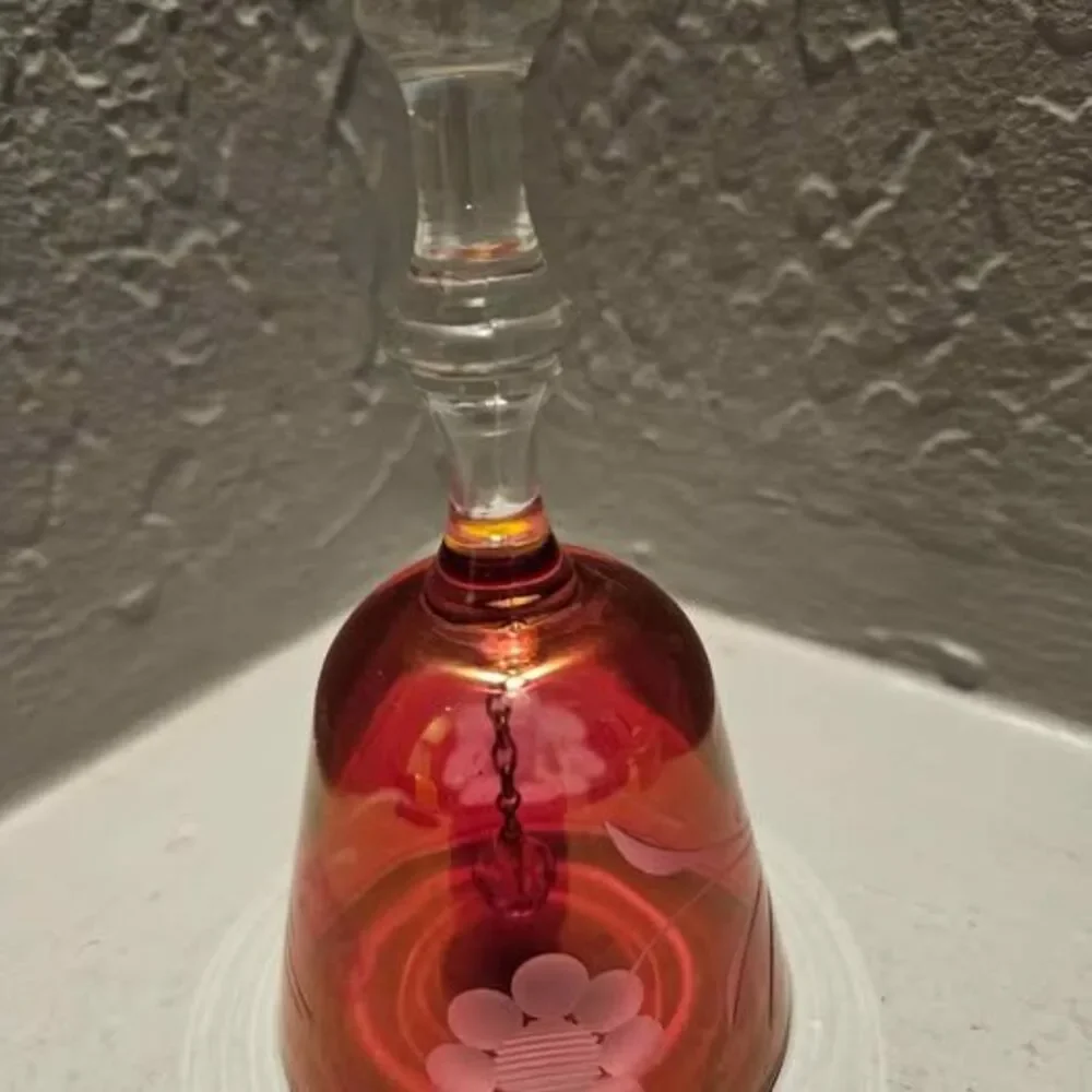 Cranberry Glass Collectors Bell Bohemian Czech Crystal with Etched Glass 5